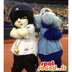 2 mascottes, un chat noir et blanc et un bonhomme bleu poilu - MASFR21940 - Mascottes de chat