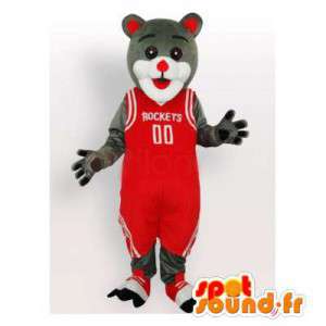 Cinzenta e branca mascote gato no basquete vermelho da terra arrendada - MASFR006483 - Mascotes gato