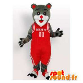 Grijze en witte kat mascotte in het rood bedrijf basketbal - MASFR006483 - Cat Mascottes