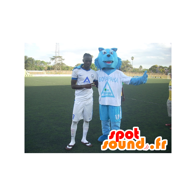 Blå vargmaskot, i sportkläder - Spotsound maskot Blå vargmaskot, i sportkläder - Spotsound maskot