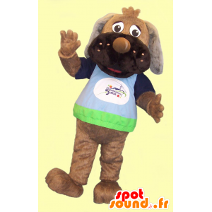 Brun hundmaskot, med en färgglad t-shirt - Spotsound maskot