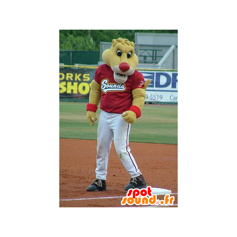 Mascote do tigre amarelo vestido em esportes vermelho e branco - MASFR21962 - Tiger Mascotes