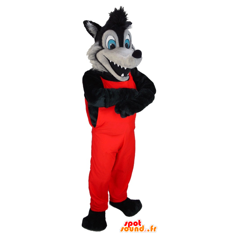 Mascot schwarzen und grauen Wolf im roten Overalls - MASFR21969 - Maskottchen-Wolf