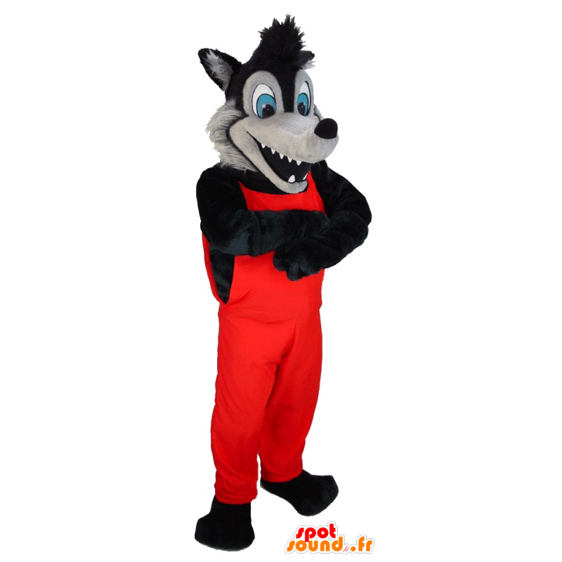 Mascota del lobo negro y gris con un mono de color rojo - MASFR21969 - Mascotas lobo