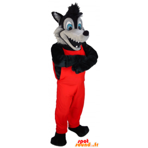 Mascot black and gray wolf in red overalls - MASFR21969 - Mascots Wolf