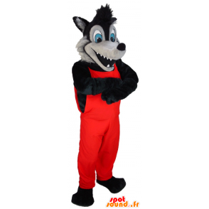 Sort og grå ulvemaskot i rød overall - Spotsound maskot kostume