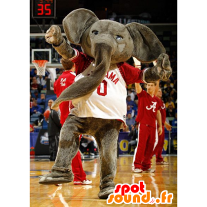 Mascot grigio elefante, gigante, con una camicia rossa e bianca - MASFR21973 - Mascotte elefante