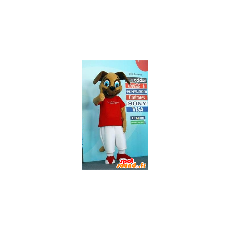 Brown Dog Mascot trzymając czerwone i białe - MASFR21976 - dog Maskotki