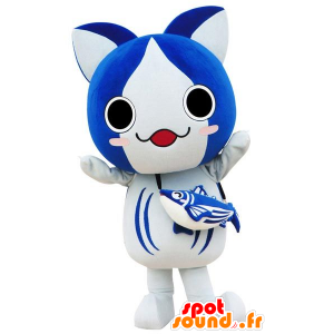 Stor blå og hvid kattemaskot, mangastil - Spotsound maskot