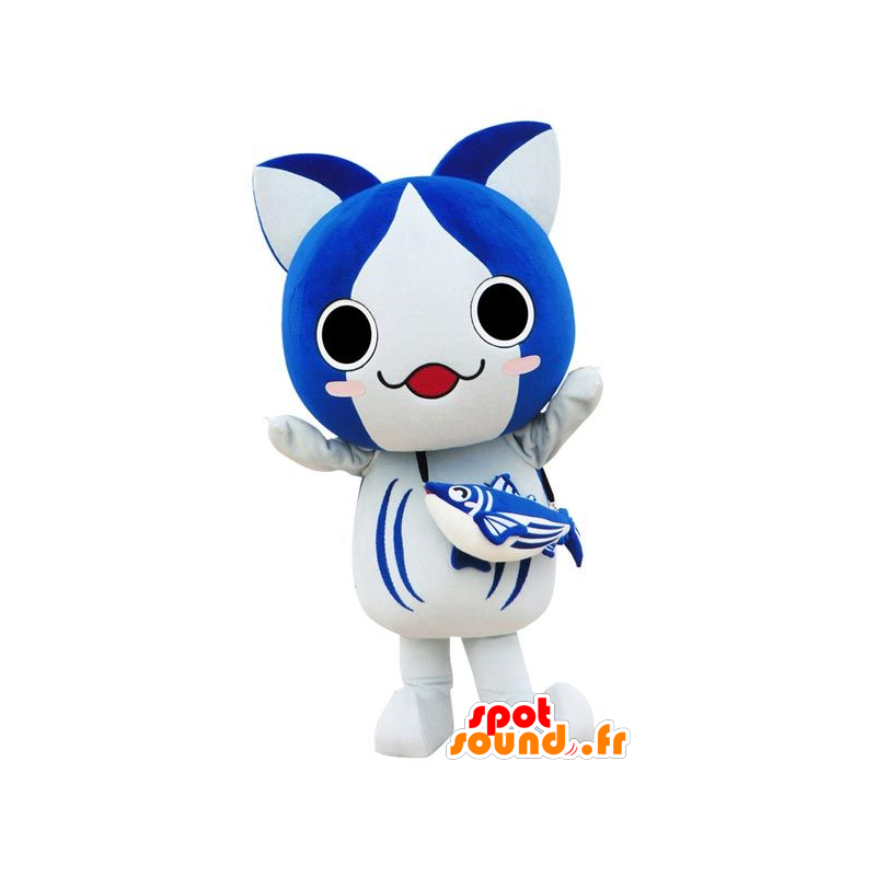 Stor blå och vit kattmaskot, mangastil - Spotsound maskot