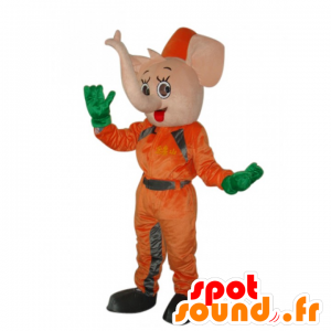 Mascotte d'éléphant rose en combinaison orange - MASFR21990 - Mascottes Elephant