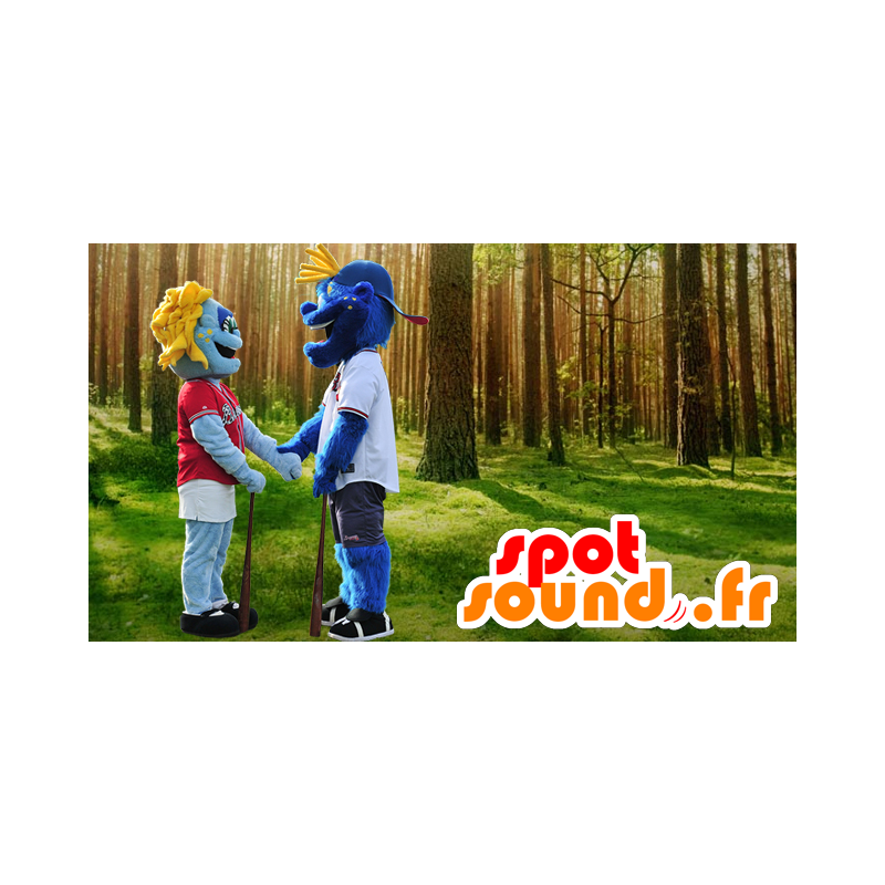 2 mascottes de bonhomme bleu en tenue de sport - MASFR22007 - Mascottes non-classées
