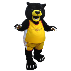 Stor sort og gul bjørnemaskot i sportstøj - Spotsound maskot