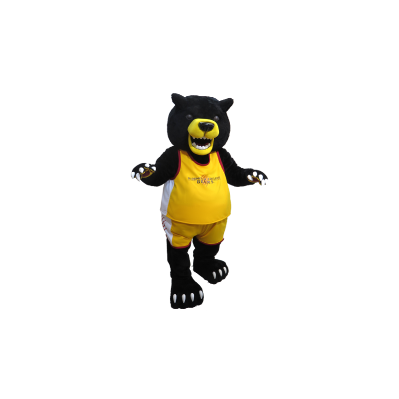 Grande mascotte orso nero e giallo in abbigliamento sportivo - MASFR22016 - Mascotte orso