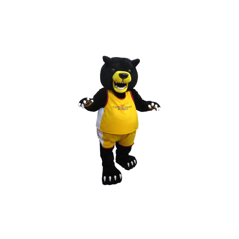 Mascotte de gros ours noir et jaune, en tenue de sport - MASFR22016 - Mascotte d'ours