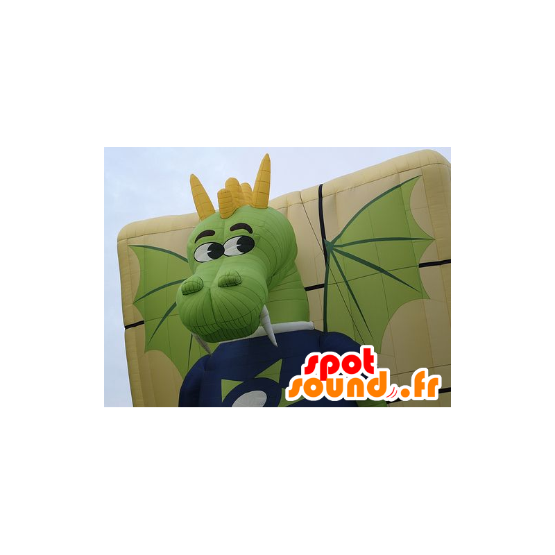 Mascotte de dragon vert et jaune, rigolo et coloré - MASFR22036 - Mascotte de dragon