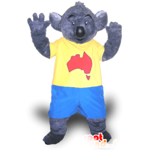 Grå koalamaskot i blå och gul outfit - Spotsound maskot