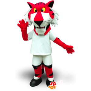 Mascotte de tigre rouge et blanc, avec des yeux jaunes - MASFR22050 - Mascottes Tigre