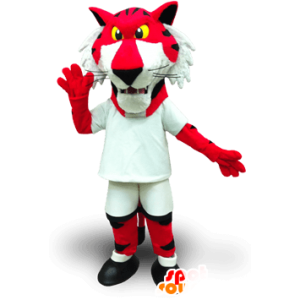 Rød og hvid tigermaskot med gule øjne - Spotsound maskot kostume