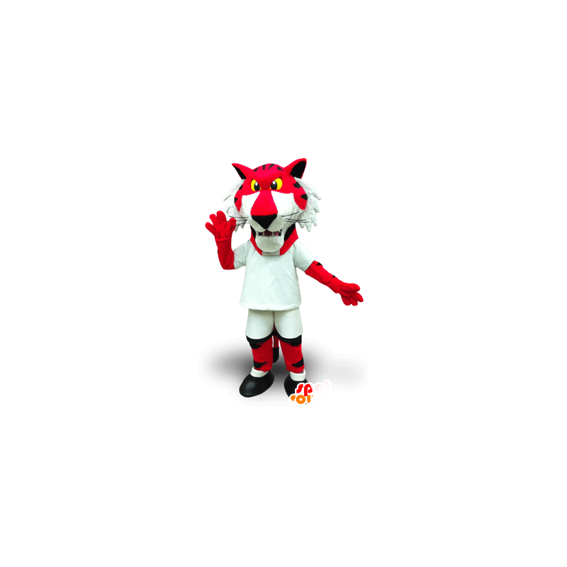 Mascot roten und weißen Tiger mit gelben Augen - MASFR22050 - Tiger Maskottchen