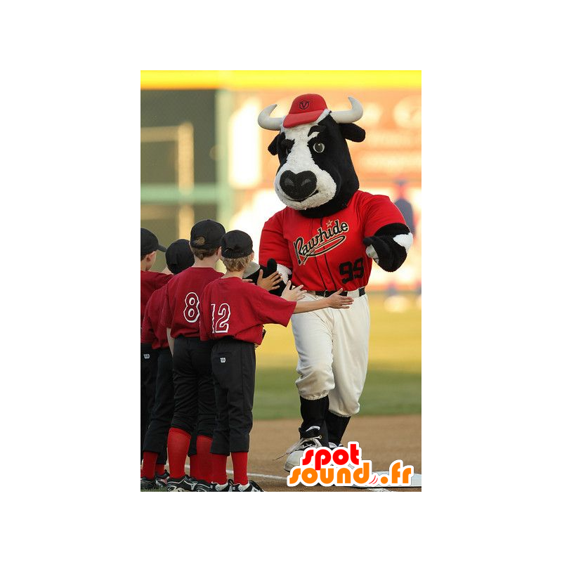 Búfalo mascote, touro preto e branco no equipamento de beisebol - MASFR22058 - Mascot Touro Búfalo mascote, touro preto e branco no equipamento de beisebol - MASFR22058 - Mascot Touro