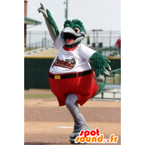 Maskot stor grønn og grå fugl, kledd i rødt og hvitt - MASFR22061 - Mascot fugler
