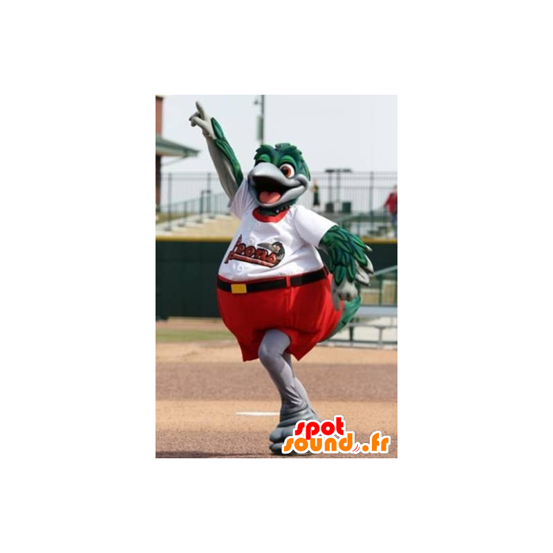 Maskot stor grønn og grå fugl, kledd i rødt og hvitt - MASFR22061 - Mascot fugler Maskot stor grønn og grå fugl, kledd i rødt og hvitt - MASFR22061 - Mascot fugler