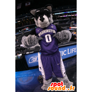 Black dog mascot, gray and white in sportswear - MASFR22063 - Dog mascots