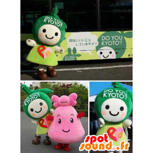 2 maskotar med gröna och rosa mangatecken - Spotsound maskot