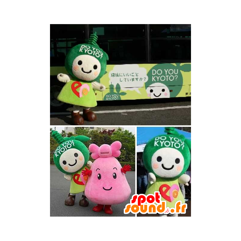 2 maskotar med gröna och rosa mangatecken - Spotsound maskot