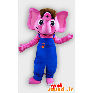 Mascotte d'éléphant rose avec une salopette bleue - MASFR22072 - Mascottes Elephant