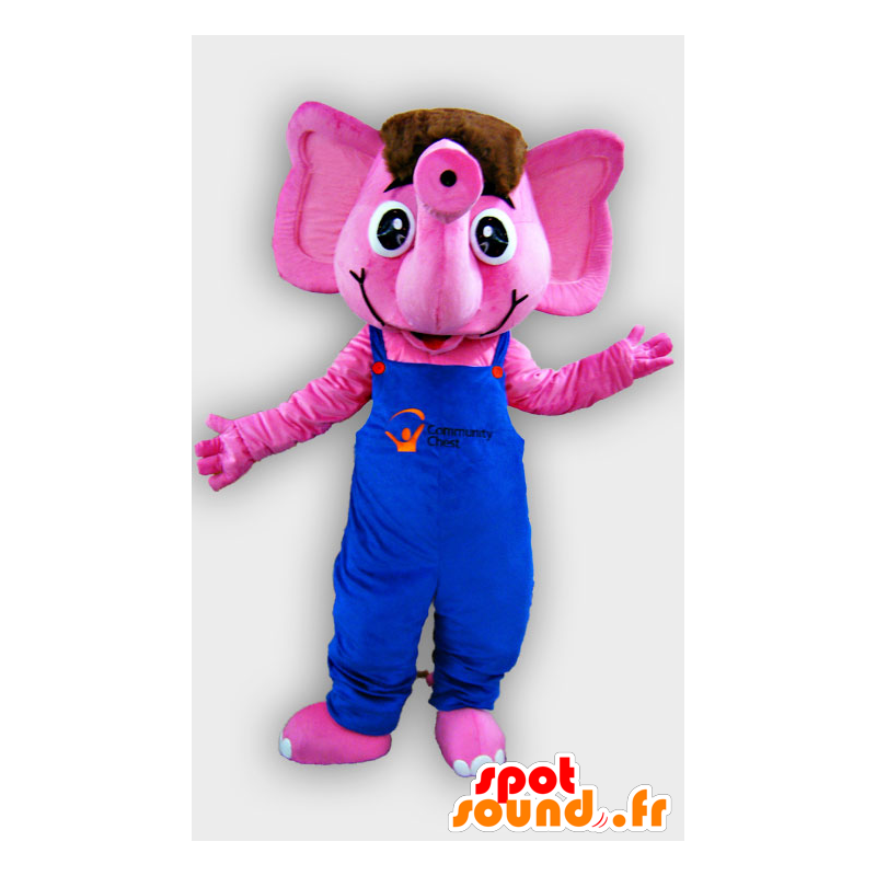 Mascotte d'éléphant rose avec une salopette bleue - MASFR22072 - Mascottes Elephant