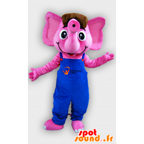 Mascote elefante rosa com macacão azul - MASFR22072 - Elephant Mascot