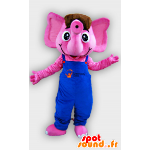 Mascotte d'éléphant rose avec une salopette bleue - MASFR22072 - Mascottes Elephant