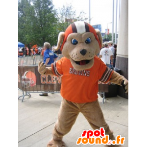 Brun hundmaskot, med hjälm och orange t-shirt - Spotsound maskot