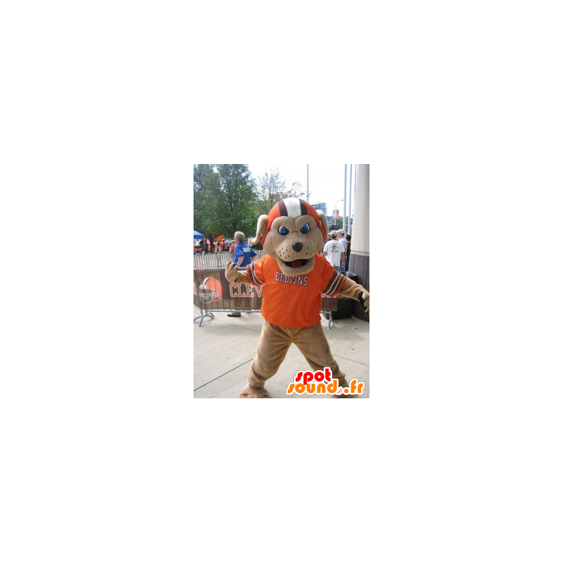 Mascotte de chien marron, avec un casque et un t-shirt orange - MASFR22074 - Mascottes de chien