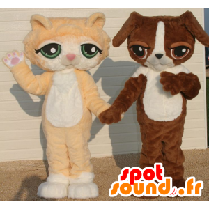 2 mascottes, un chat orange et blanc et un chien marron et blanc - MASFR22081 - Mascottes de chien