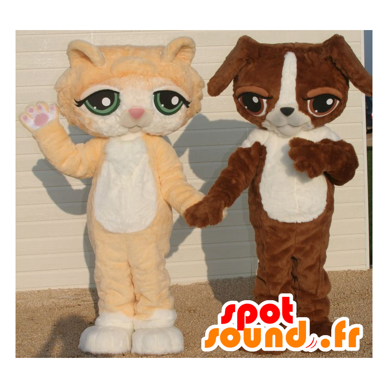 2 maskoti, oranžová a bílá kočka a hnědé a bílé pes - MASFR22081 - psí Maskoti