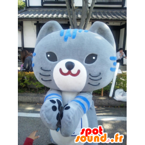 Mascotte de gros chat gris et bleu, façon manga - MASFR22084 - Mascottes de chat