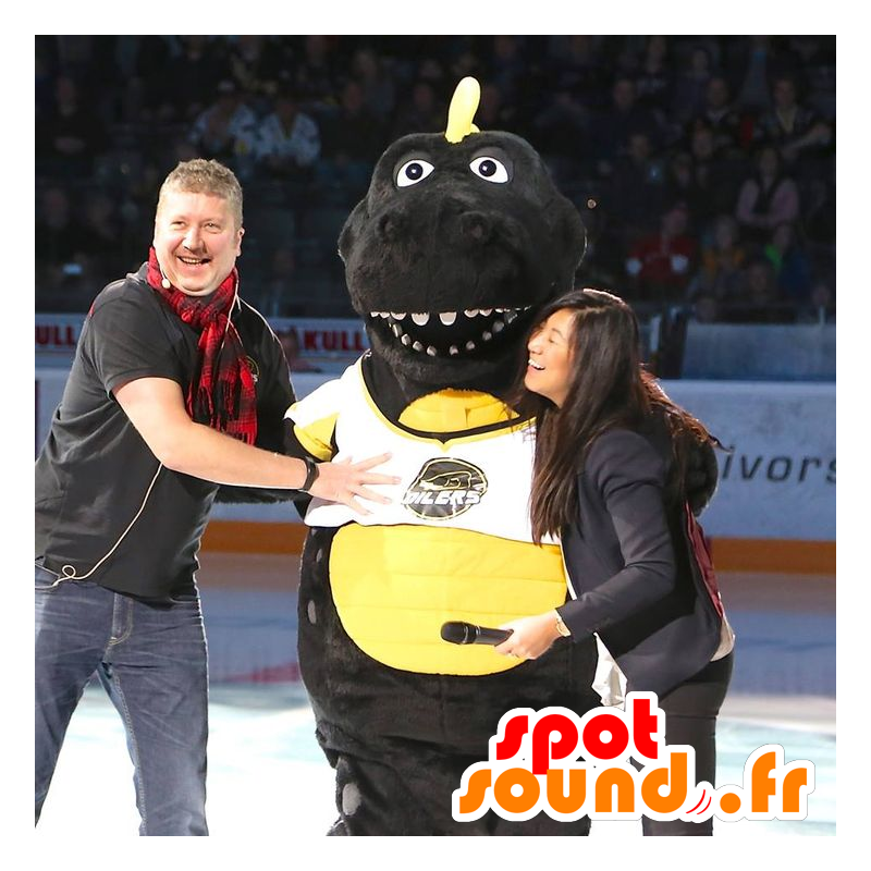 Stor sort og gul dinosaur maskot - Spotsound maskot kostume Stor sort og gul dinosaur maskot - Spotsound maskot kostume
