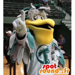 Mascot pelican gray and green, with a big yellow beak - MASFR22089 - Mascots of the ocean