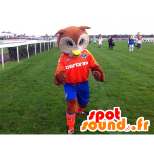 Mascot braune und weiße Eule, orange und blau-Outfit - MASFR22094 - Maskottchen der Vögel