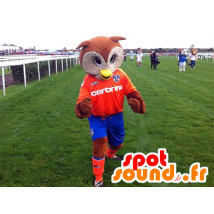 Mascot bruine en witte uilen in oranje en blauwe uitrusting - MASFR22094 - Mascot vogels