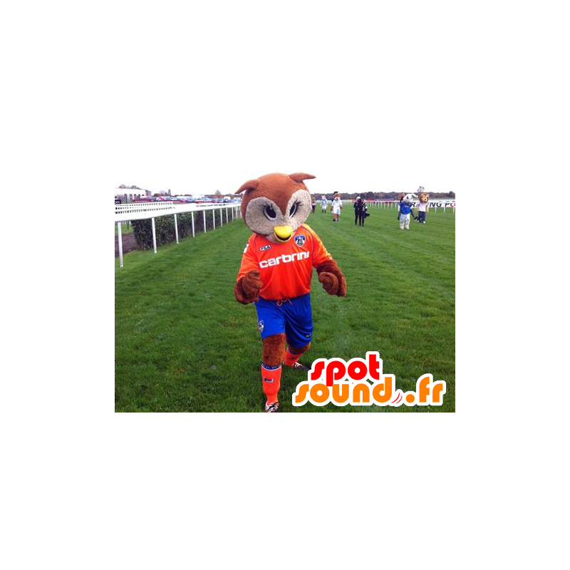 Mascot brown and white owl, orange and blue outfit - MASFR22094 - Mascot of birds