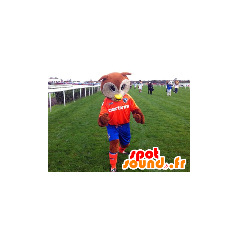 Mascot hnědé a bílé sovy v oranžové a modré oblečení - MASFR22094 - maskot ptáci