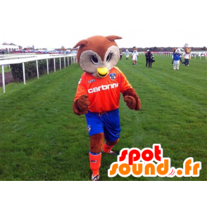 Mascot brown and white owl, orange and blue outfit - MASFR22094 - Mascot of birds