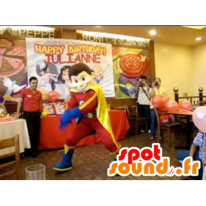 Boy Mascot, superheld outfit in de kleuren rood, geel en blauw - MASFR22095 - superheld mascotte