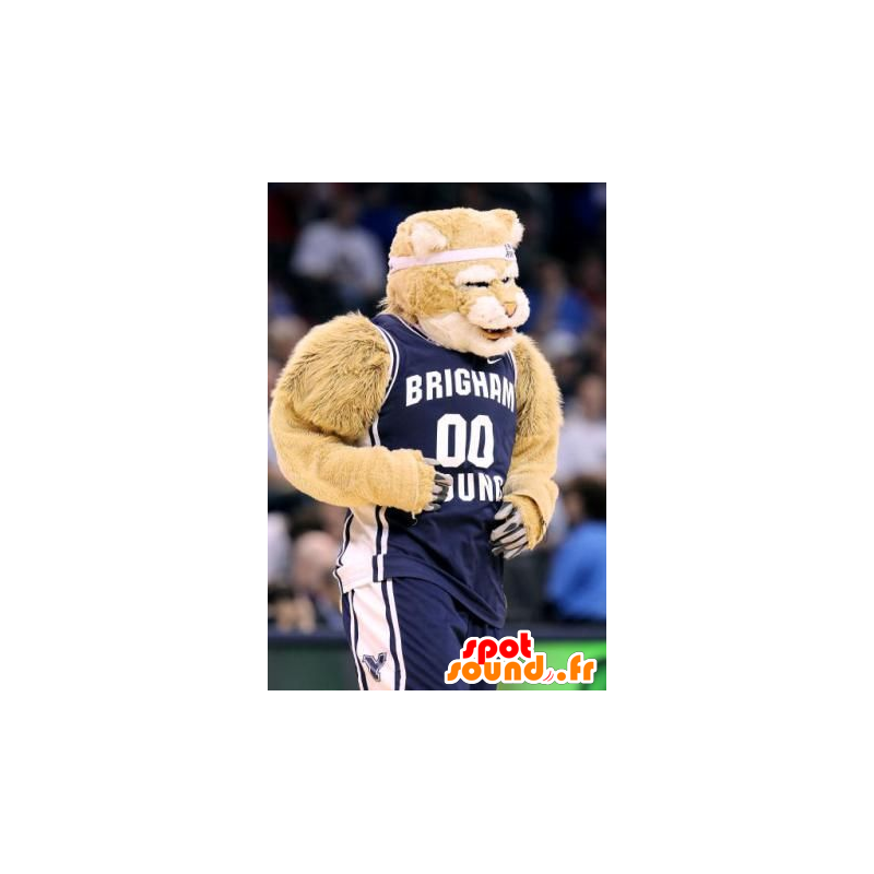Béžová tygr maskot oblečený v modré sportovní - MASFR22098 - Tiger Maskoti Béžová tygr maskot oblečený v modré sportovní - MASFR22098 - Tiger Maskoti