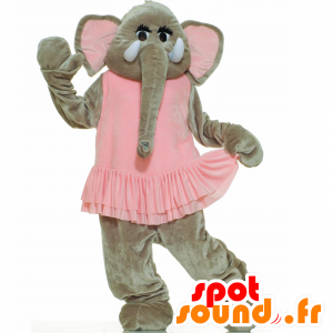 Harmaa elefantti maskotti vaaleanpunainen mekko - MASFR22100 - Elephant Mascot