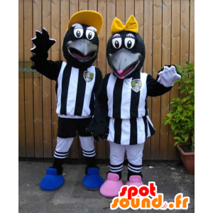 2 maskotar av svarta kråkor i sportkläder - Spotsound maskot